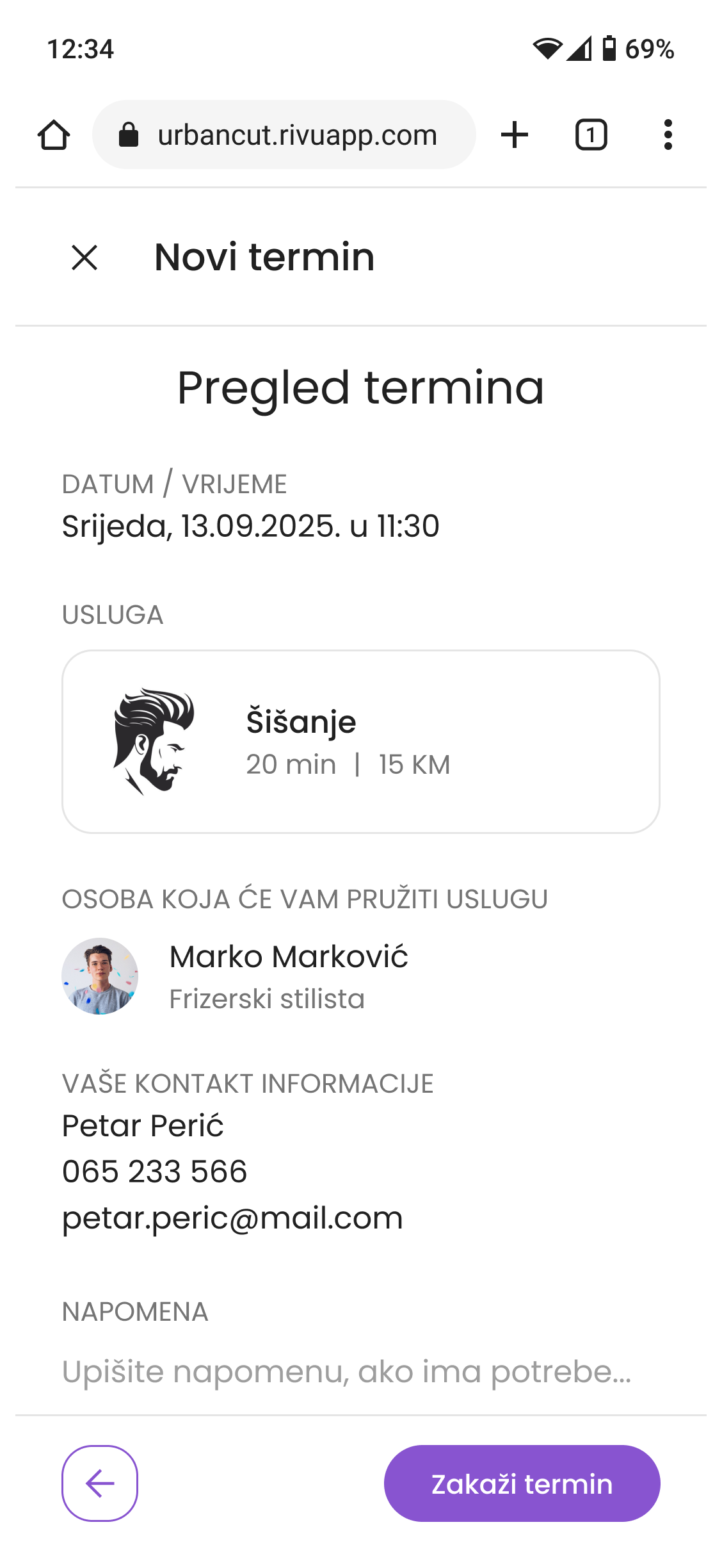 Kontakt na stranici za zakazivanje