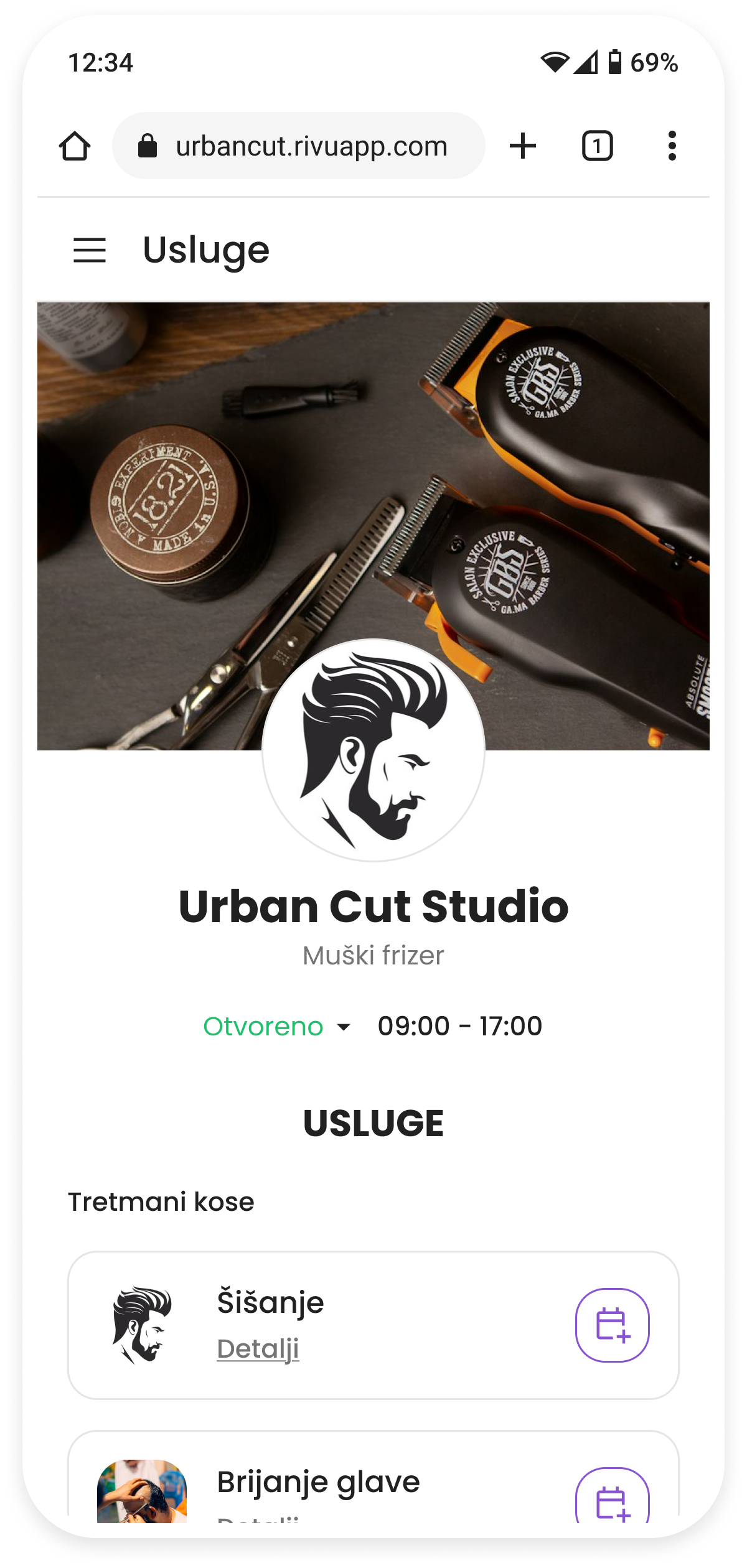 Lista usluga na stranici za zakazivanje