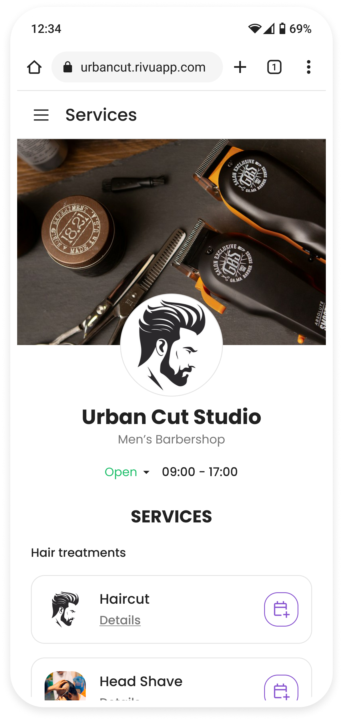 List of services on the booking page